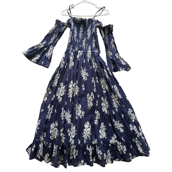 Polo Ralph Lauren Off-Shoulder Navy Floral MidiDress Smocked Bell Sleeves Large - Picture 4 of 6